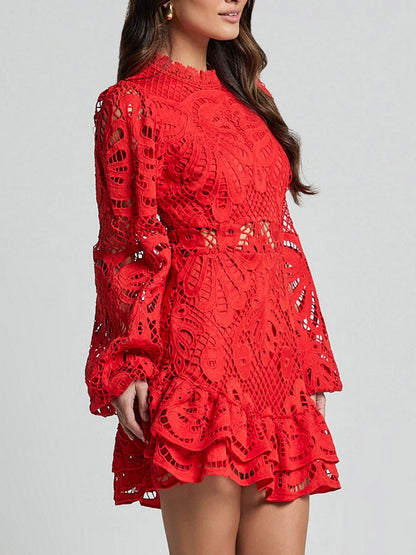 Lantern-style Long-sleeved, Fitted A-line Dress With Ruffled Hem And Water-soluble Lace.