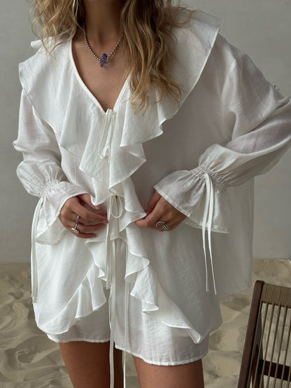 Ruffled Hem Tie Front Cardigan & Shorts Set Blouse