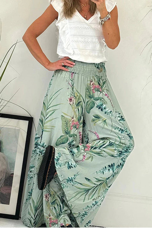 Summer Garden Botanical Print Smocked Waist Wide Leg Palazzo Pants