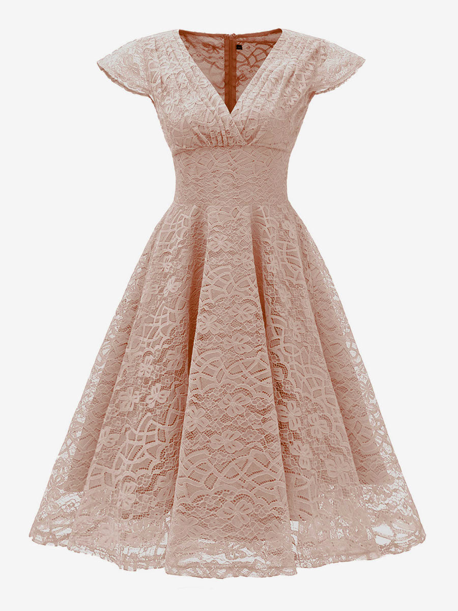 Vintage 1950s Midi Lace Dress for Women - V Neck Cap Sleeve A-line Cocktail Prom Gown - Wedding Guest Wear 2026