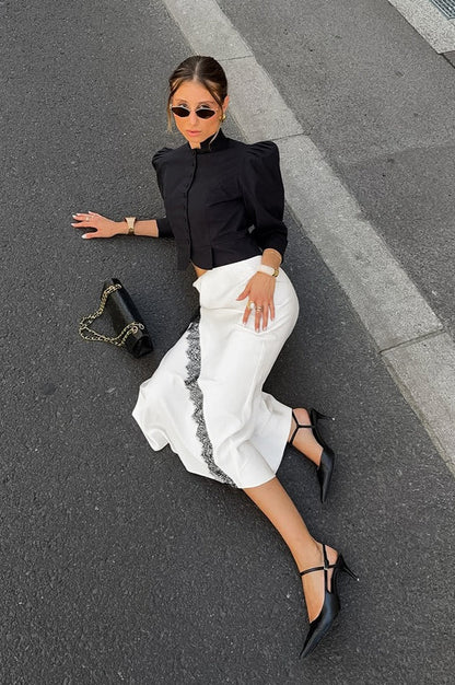 Vintage Satin Lace High-Waist A-Line Midi Skirt