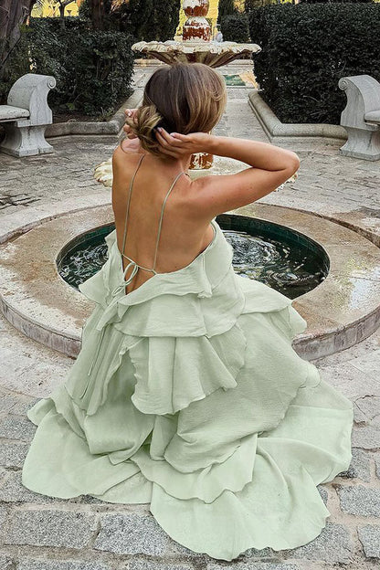 Romantic Summer Chiffon Tiered Ruffle Deep V-Back Halter A-line Maxi Design