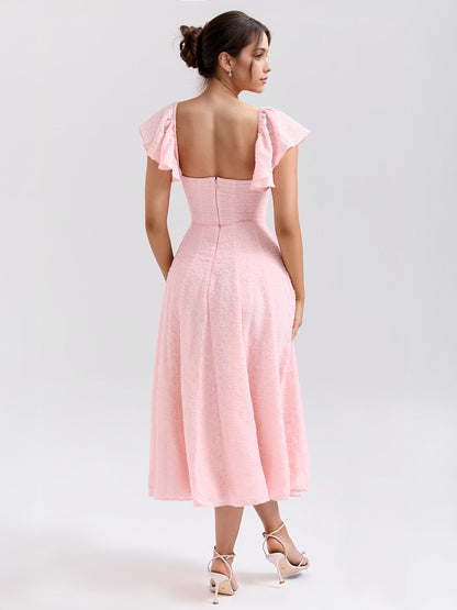 Floral Jacquard Soft Pink Dress With Butterfly Sleeve A-line Midi Party Dress For Women 2026