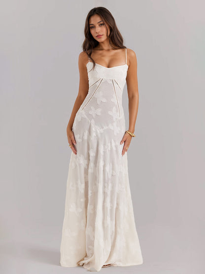 Boho Jacquard Sheer Maxi Dress for Women - Cream White Lace-up Back Slim Fit A-Line Flowy Cami Gown - Summer Beach Party 2026