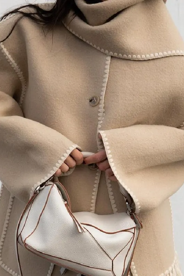 Scarf-Neckline Felt Woolen Coat