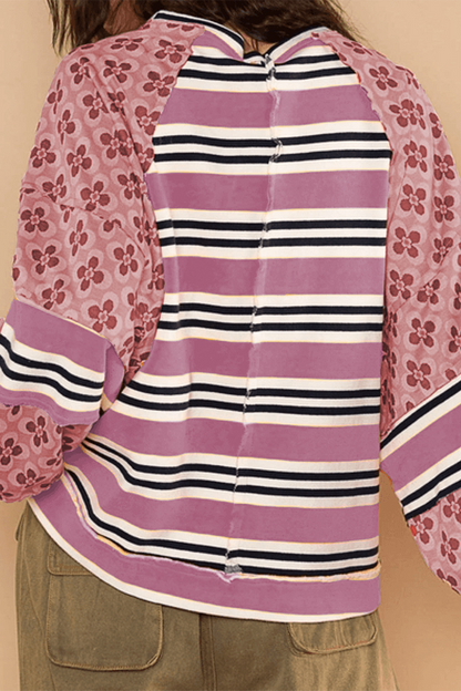 Casual Striped Print Flowers Contrast O Neck Hoodies