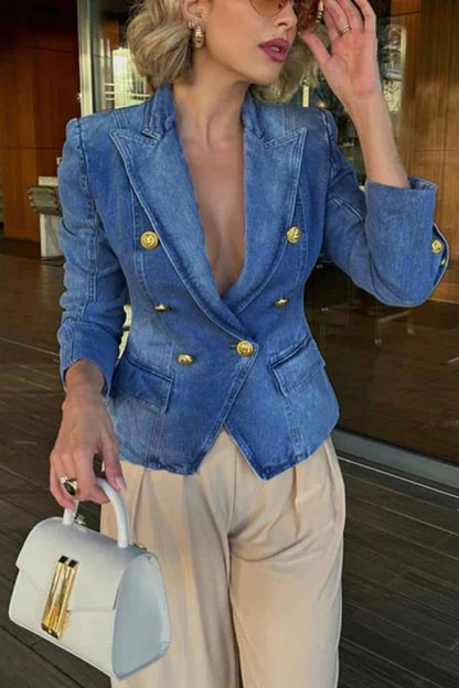 Casual Gold Tone Button Double Breasted Lapel Collar Tailored Denim Blazer