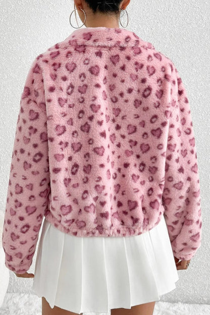 Cozy Heart Leopard Print Fleece Coat