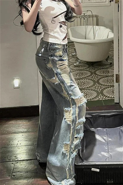 Light Blue Ripped High Waist Wide Leg Denim Jeans