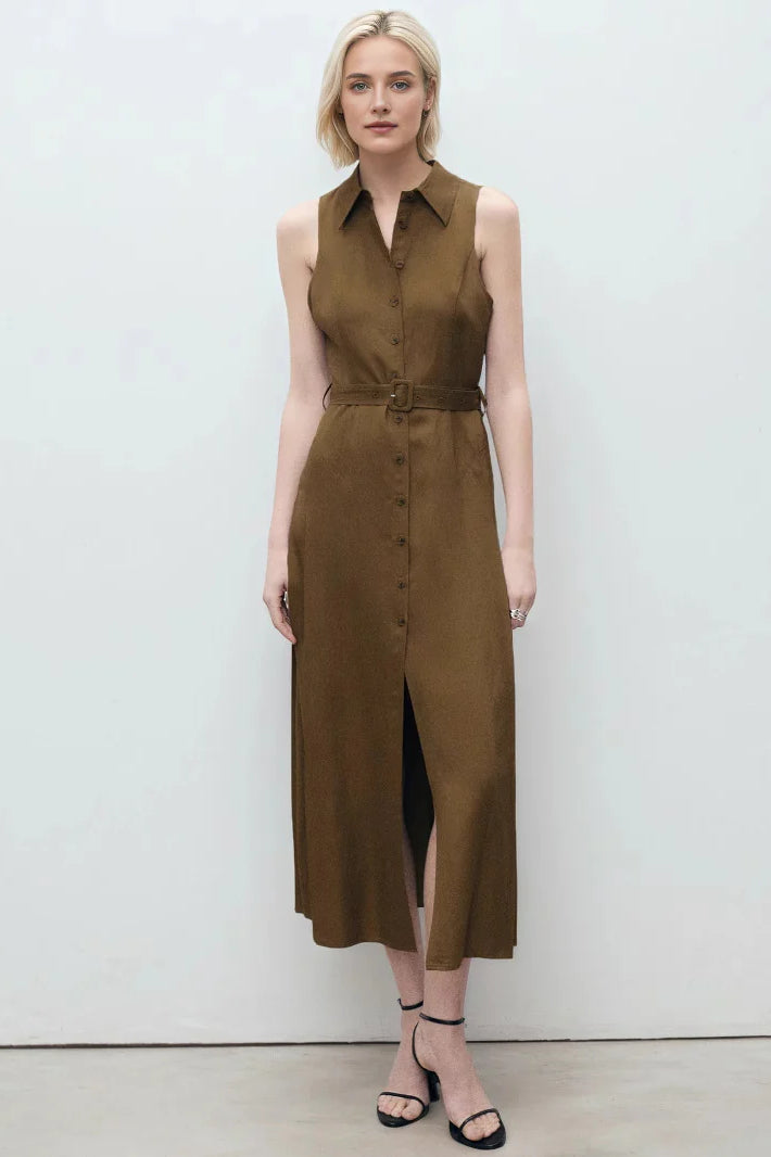V Neck Sleeveless Waist Tie Shirt Maxi Dress