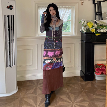 Long sleeve contrast bowknot print maxi dress