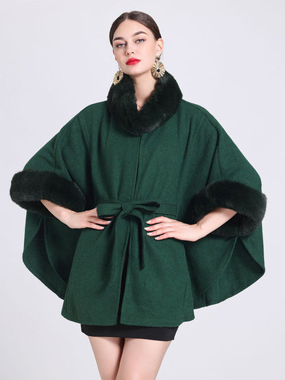 Women Poncho High Collar Light Gray Oversized Faux Fur Cape