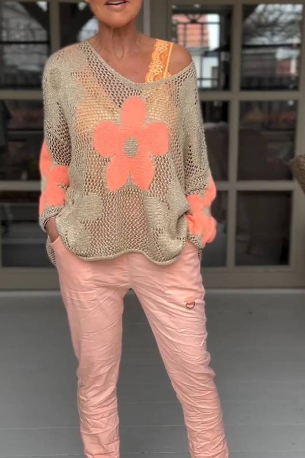 Floral Knitted Hollow V-neck Shirt Floral Mesh Sweater