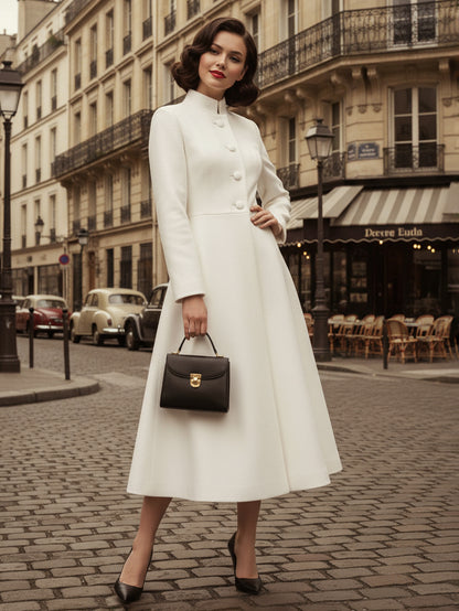 Vintage Stand-Collar A-line Woolen Flared Coat In White For Women 2026