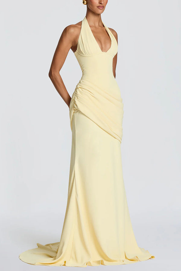 Nehemia Halter V-neck Back Lace-up Asymmetric Pleated Panel Drapes Maxi Dress