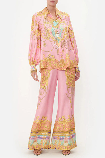 Meridress Unique Print Lantern Long Sleeves Blouse Shirt and Wide Leg Pants Holiday Outfit Set