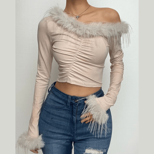 Feather irregular long sleeve ruched off shoulder crop top