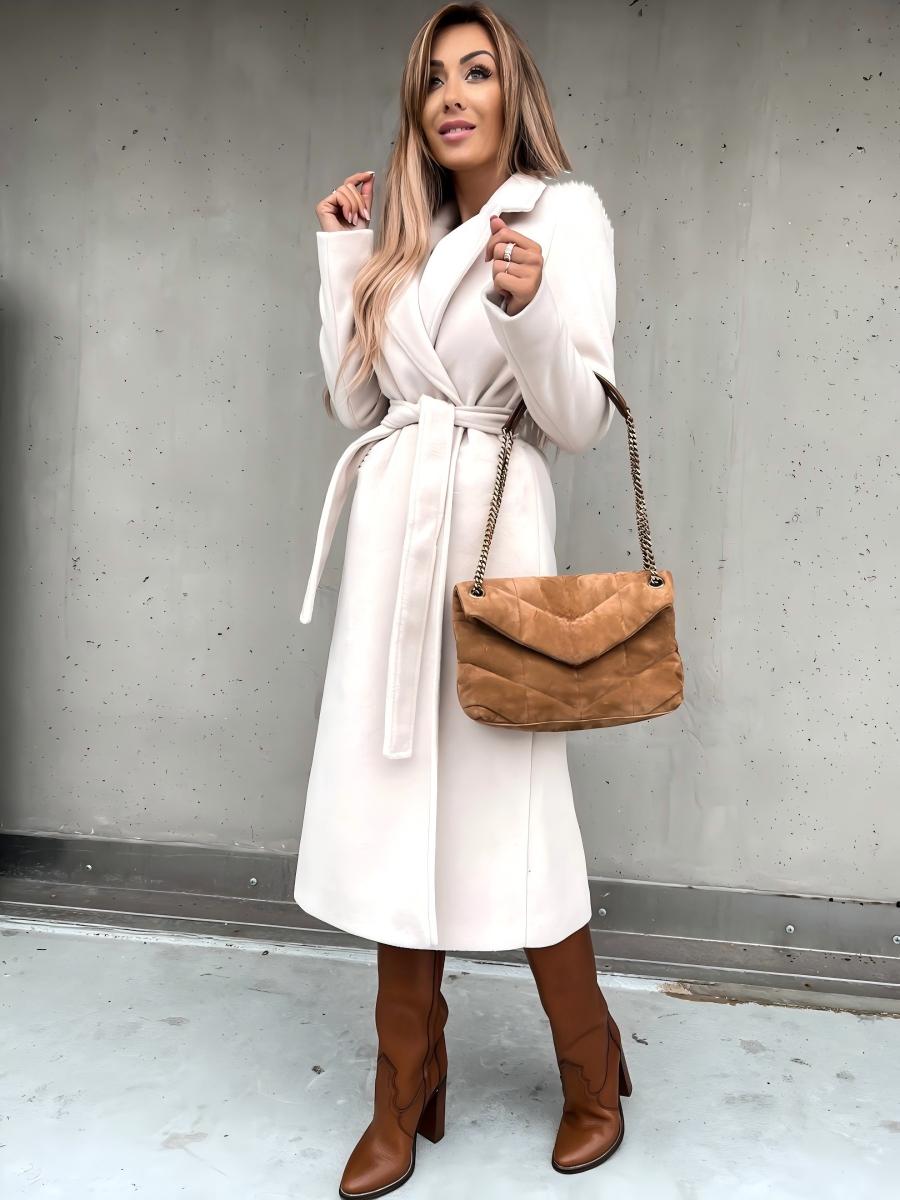 Solid Color Lapel Long Sleeve Woolen Simple Tie Coats