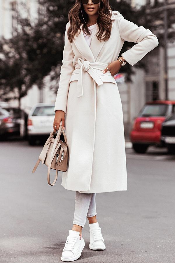 Simple Long-sleeved V-neck Tie Woolen Coat