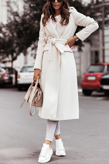 Simple Long-sleeved V-neck Tie Woolen Coat