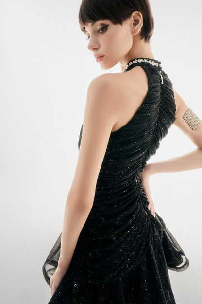 Rhinestone Halter Neck Ruched Crystal Trim Tulle Flare Mini Dress