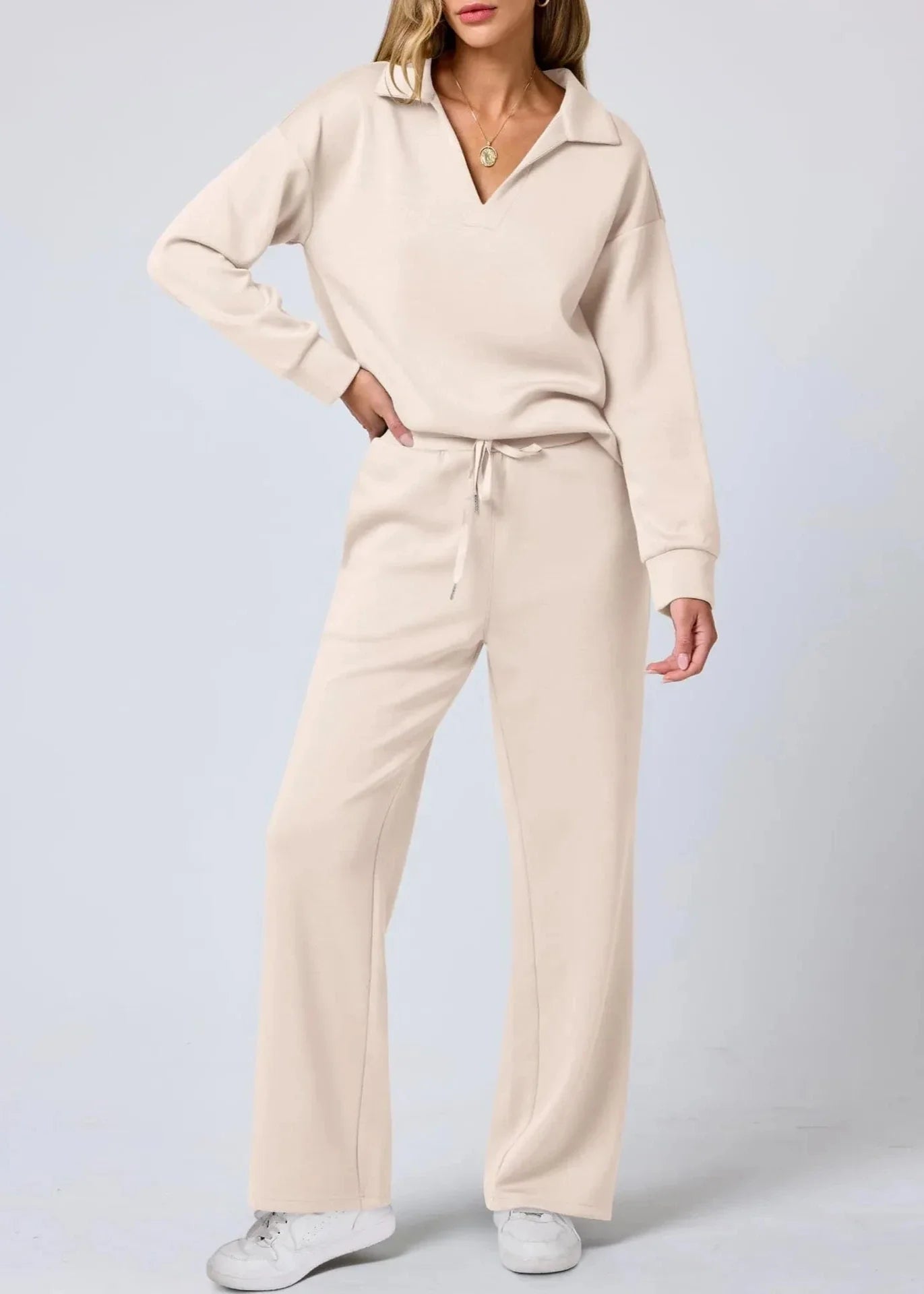 Relaxed Collar Pullover & Wide-Leg Pants Set