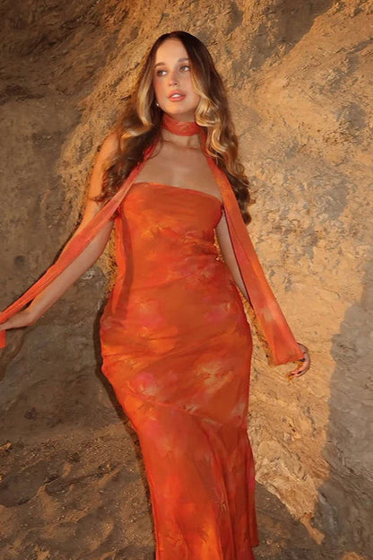 Strapless Mesh Floral Tie Detail Maxi Dress