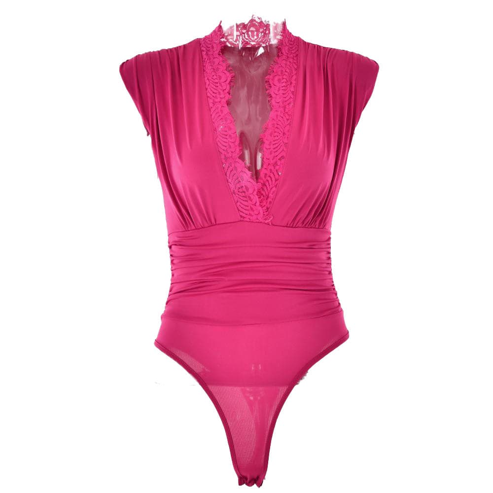 V neck lace hem ruched solid bodysuit