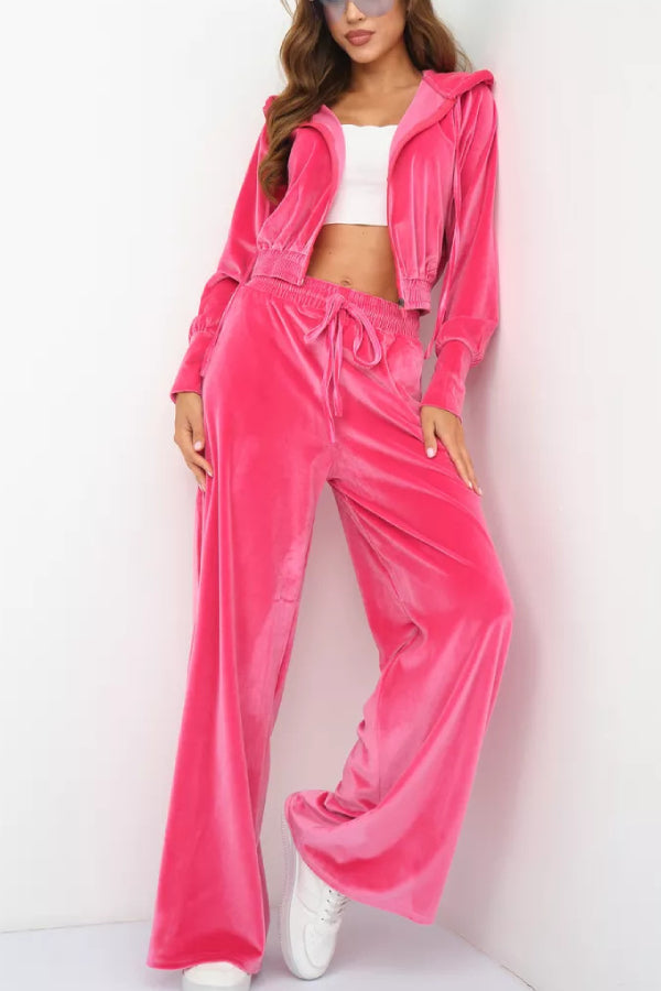 Fashion Zipper Open Velvet Casual Two -piece Suit