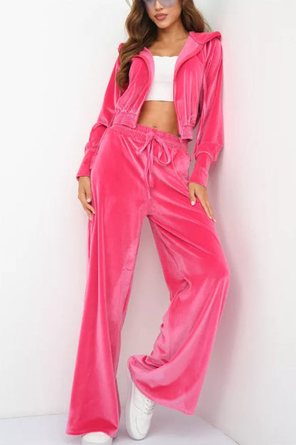 Fashion Zipper Open Velvet Casual Two -piece Suit