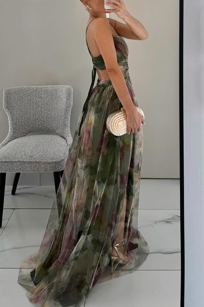 Ladies' summer princess chiffon printed hollow sexy waist and back lace up long dress