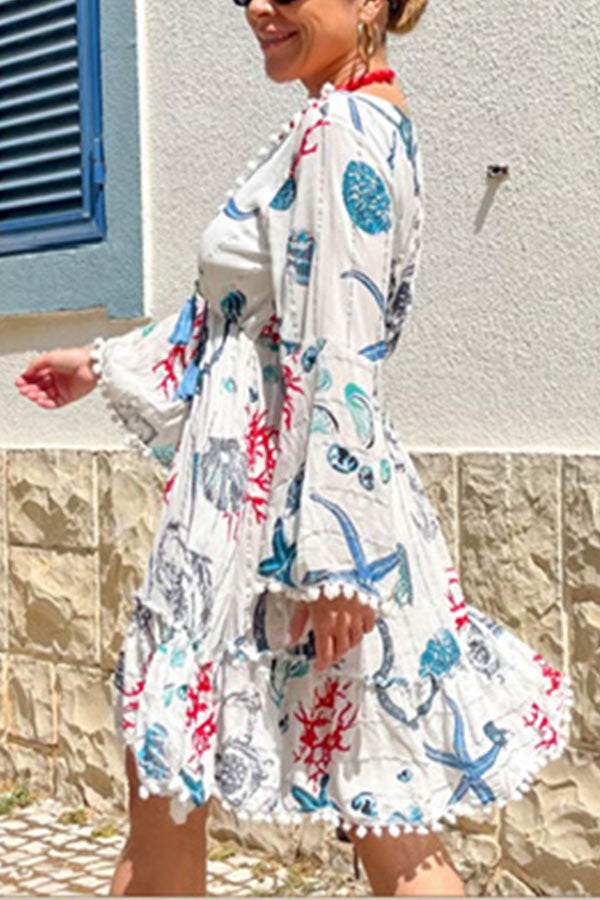 Bell Sleeve V Neck Coral Starfish Short Dress