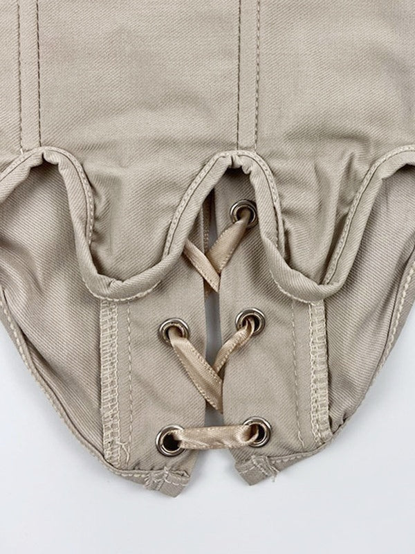Solid Color Lace Up Asymmetric Corset Top