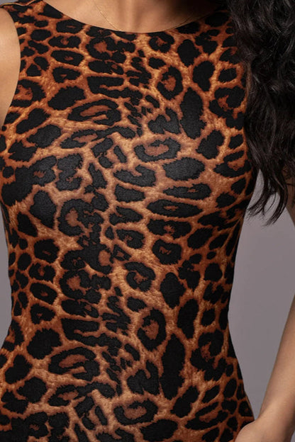 Leopard Print Ruched Round Neck Maxi Dress