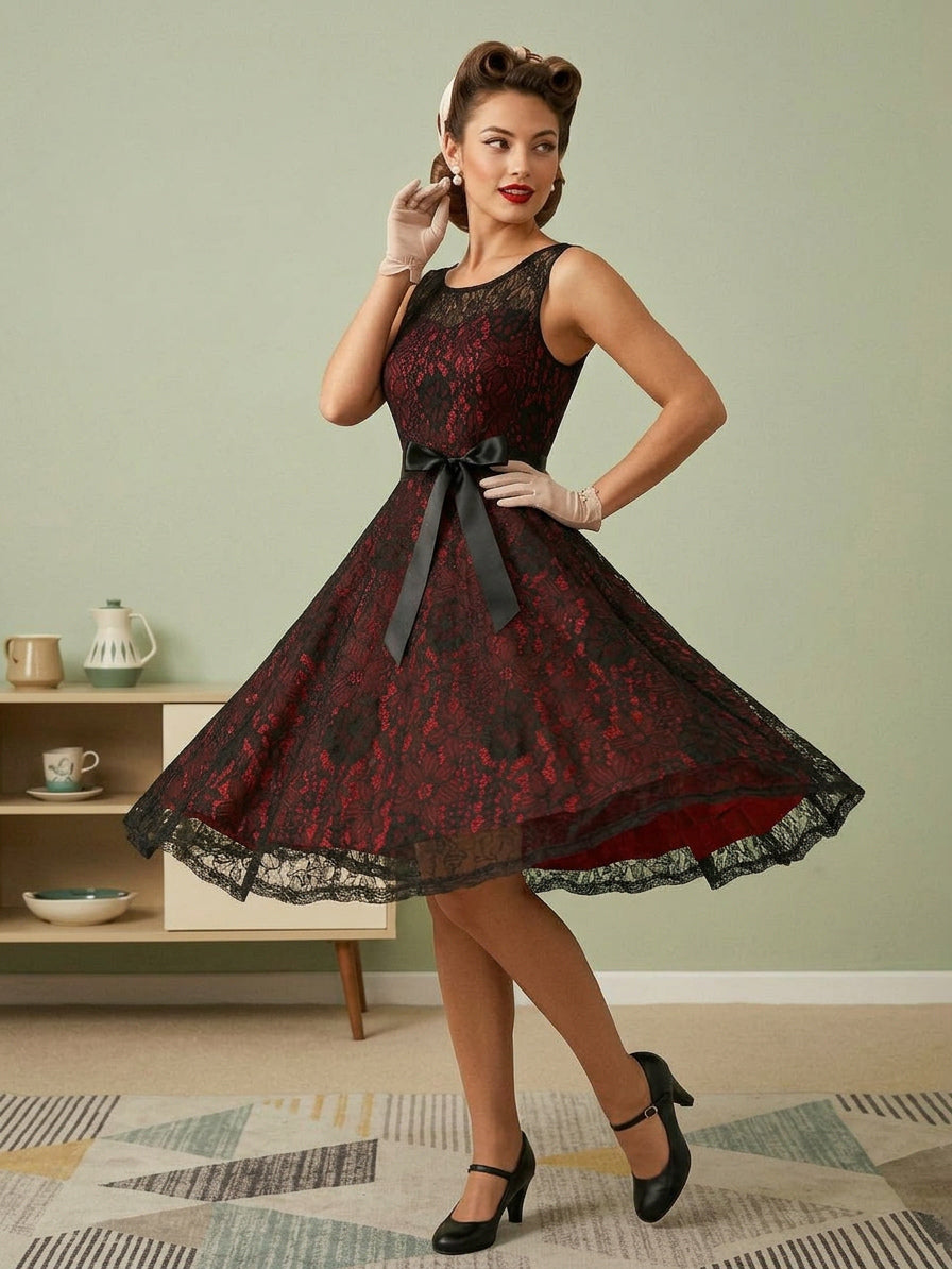 Retro Dress Green 1950s Style Two-Tone Sash Sleeveless V-Neck Medium Rockabilly Dress
