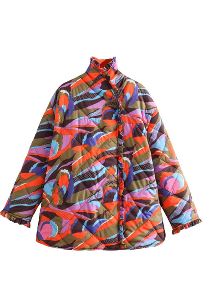 Printed Pleated Lace Trim Cotton Coat