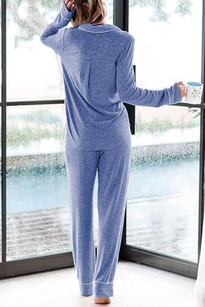 Home-style Loose-fitting Long-sleeved Pocket Shirt and Elastic Waist Casual Pants Set