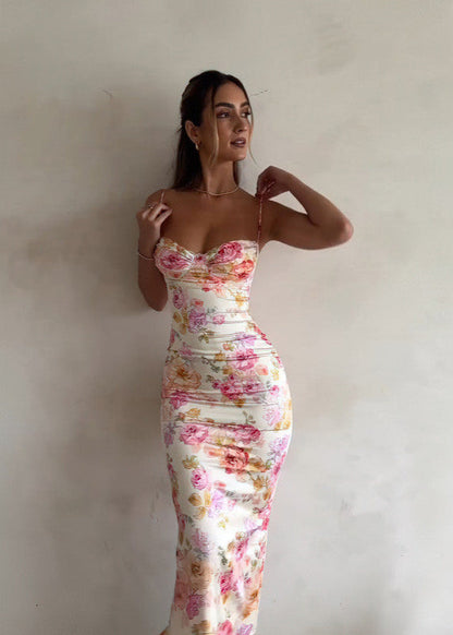 Sunlit Reverie – Floral Satin Bodycon Dress with Bustier Top