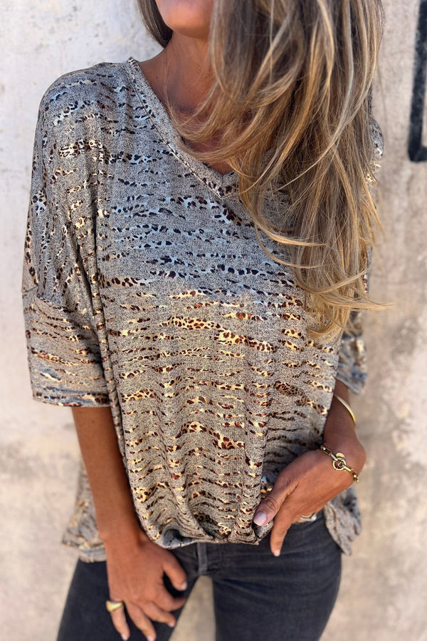 Gray Leopard Print 3/4 Sleeve V Neck Loose Fit T Shirt
