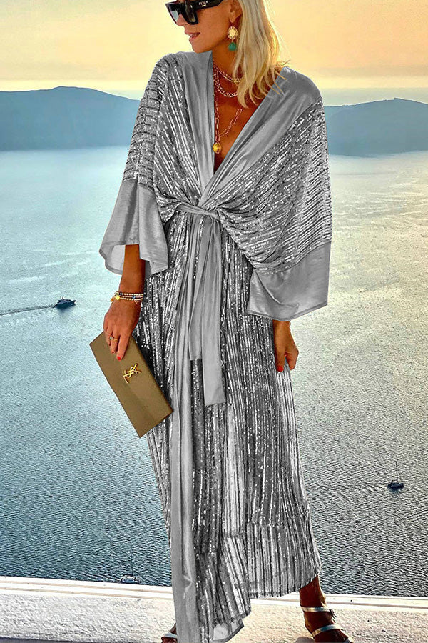 Sequin Kimono Sleeve Wrap Tie Waist Floor Length Maxi Gown