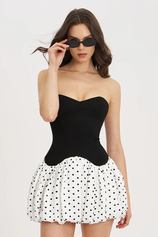 Strapless Polka Dot Sweetheart Bubble Hem Corset Mini Dress