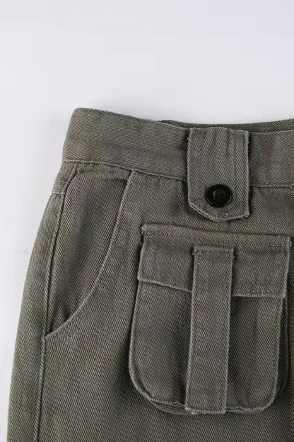 Street Style Low-Waisted Multi-Pocket Denim Cargo Pant