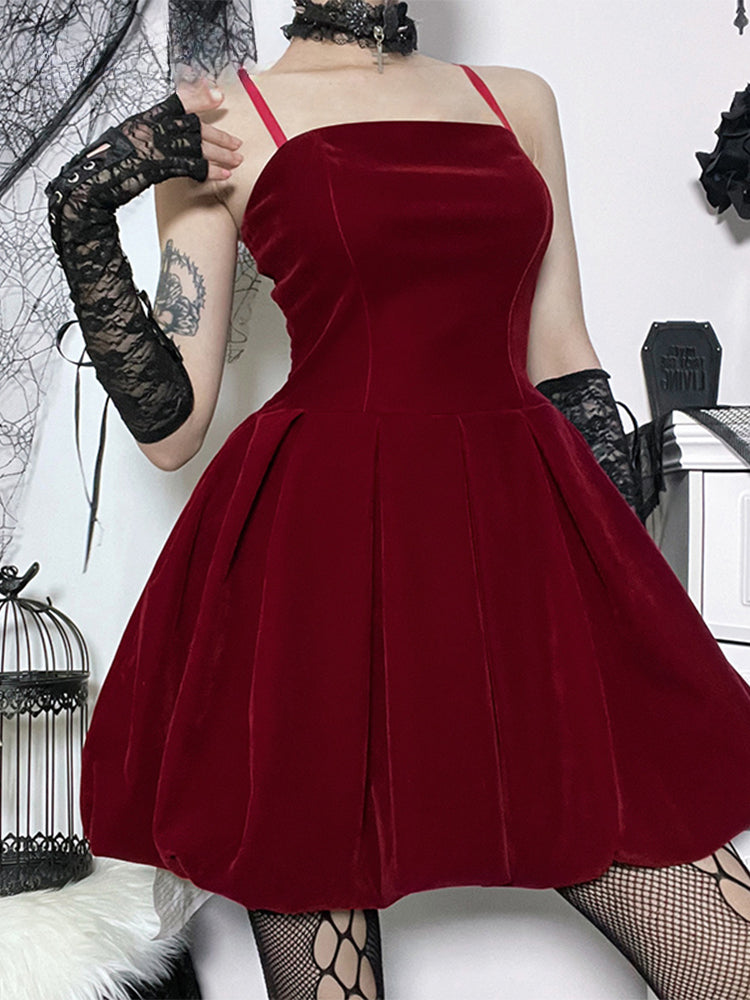 Velvet Square Neck Spaghetti Strap Shirred Corset Bubble Hem Mini Dress