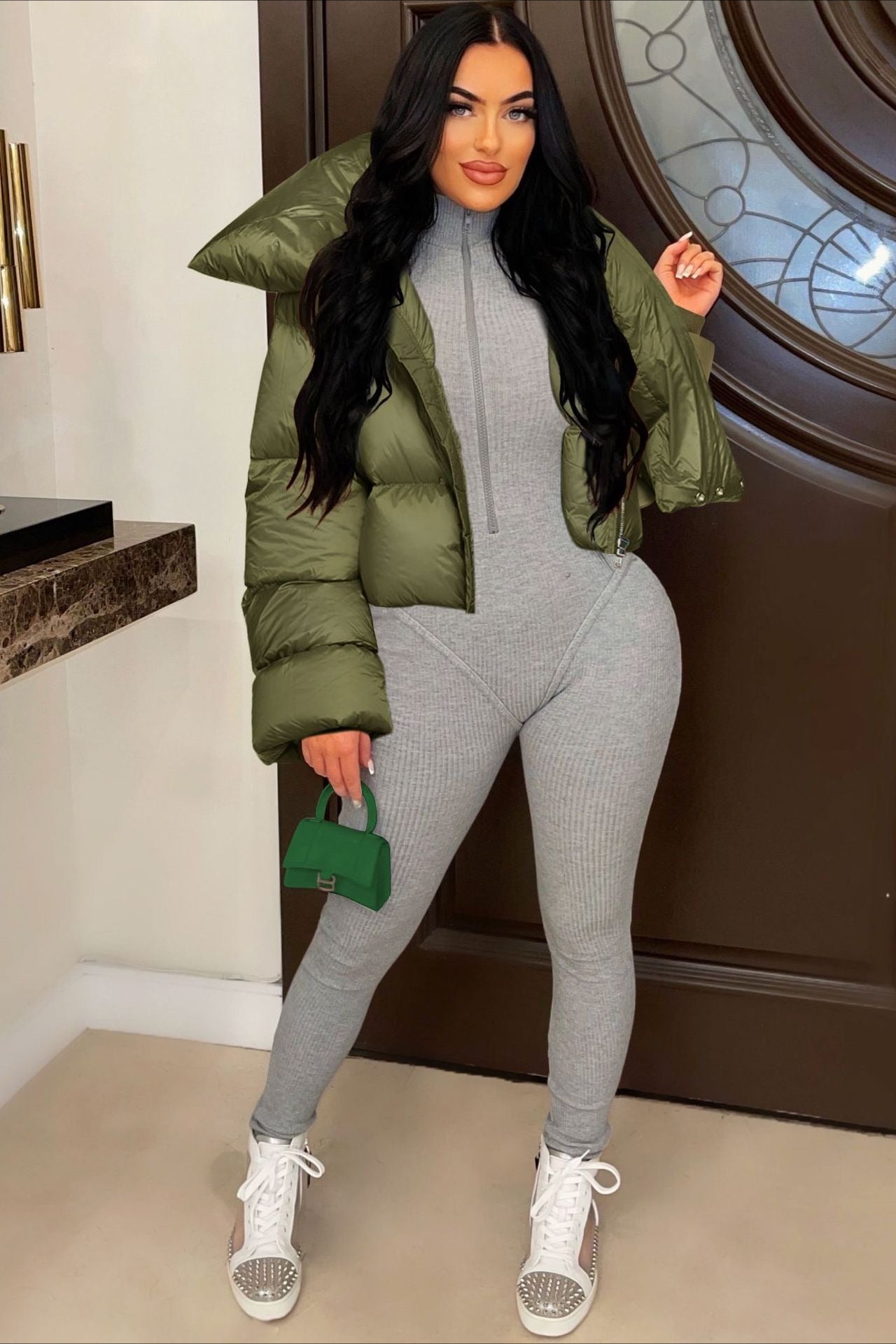 High Neck Scarf Collar Quilted Puffer Jacket