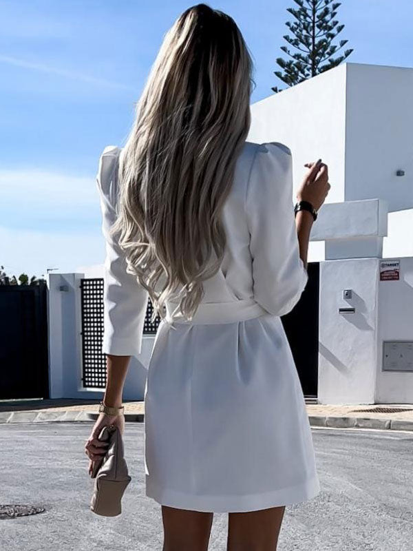 Blazer Dress White Belt Double Breasted Solid Color Slim Fit Casual Stylish Spring Fall Outerwear For Women