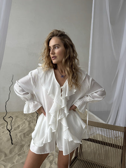 Ruffled Hem Tie Front Cardigan & Shorts Set Blouse