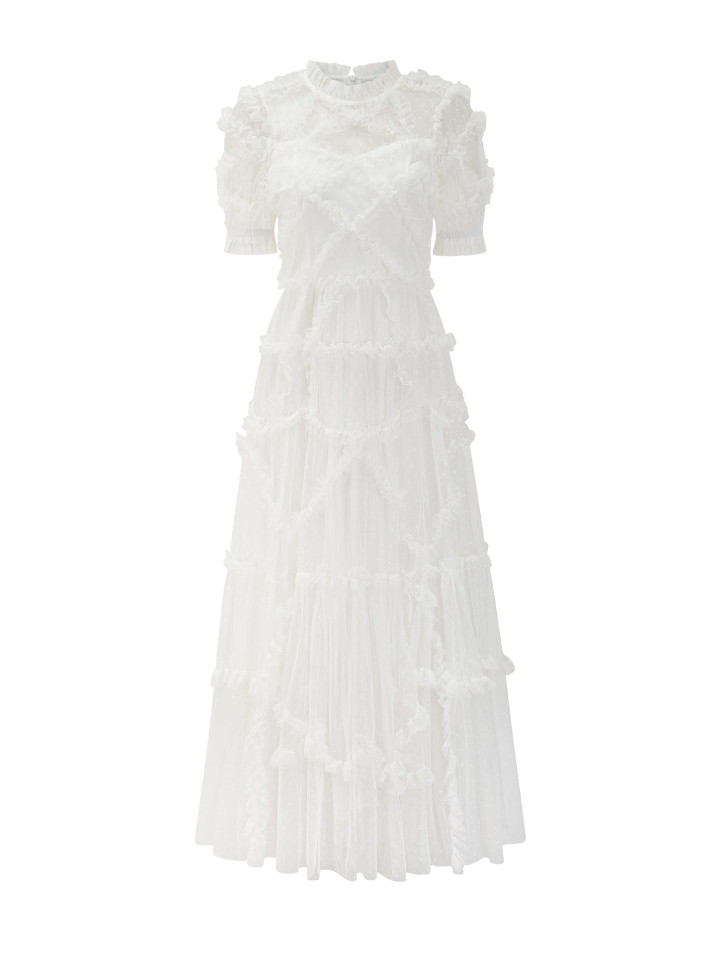Ruffles Dress Illusion Neckline Ruffles Layered Tulle Maxi Dresses