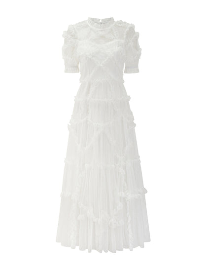 Ruffles Dress Illusion Neckline Ruffles Layered Tulle Maxi Dresses