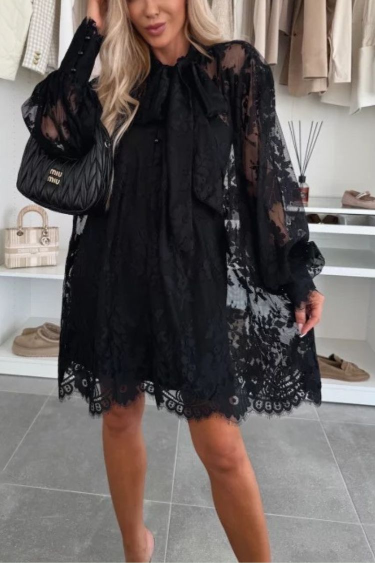 Night Rose Lace Bow Neck Long Balloon Sleeve A-line Mini Dress