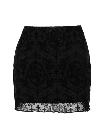 Print mesh bowknot ruffle mini skirt